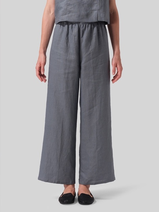 Vivid Linen Pants - VIVID Linen Straight Long Pants Elastic Waist Cool Grey Wide Leg Trousers size S